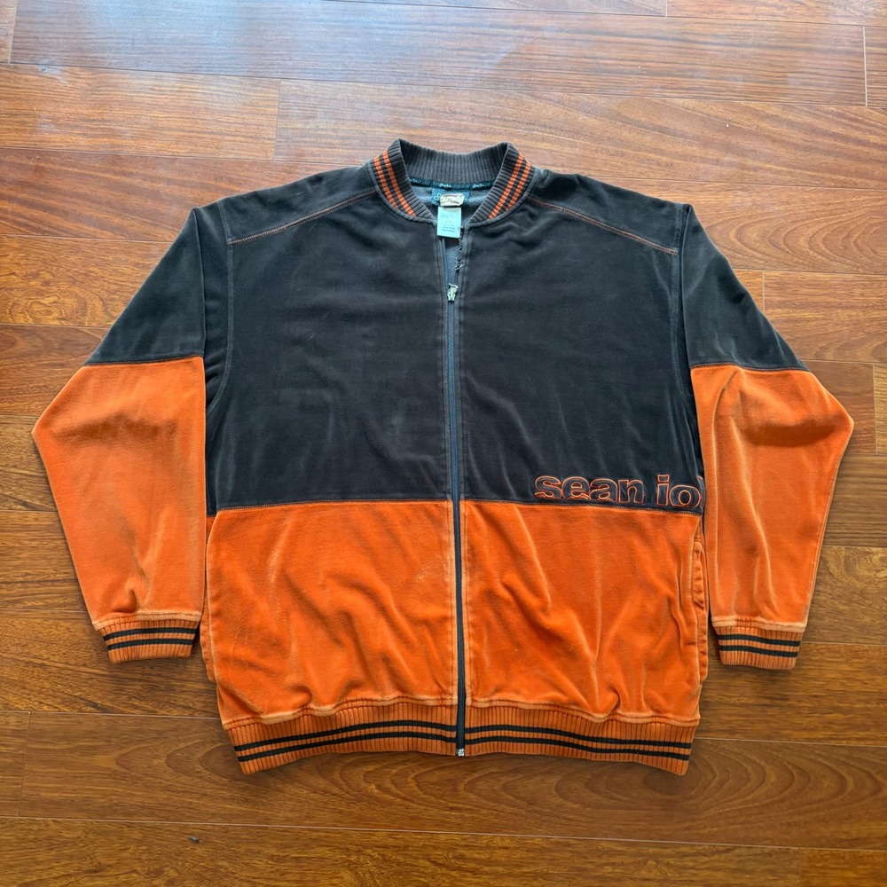 Sean John Mens Tracksuit Set 2XL Orange Black Velour Vintage Y2K HipHop 2 PC Set